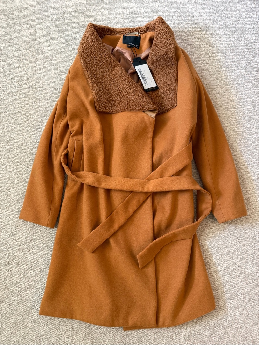 Women's Camel Tie-Waist Trench Coat with Faux Shearling Collar